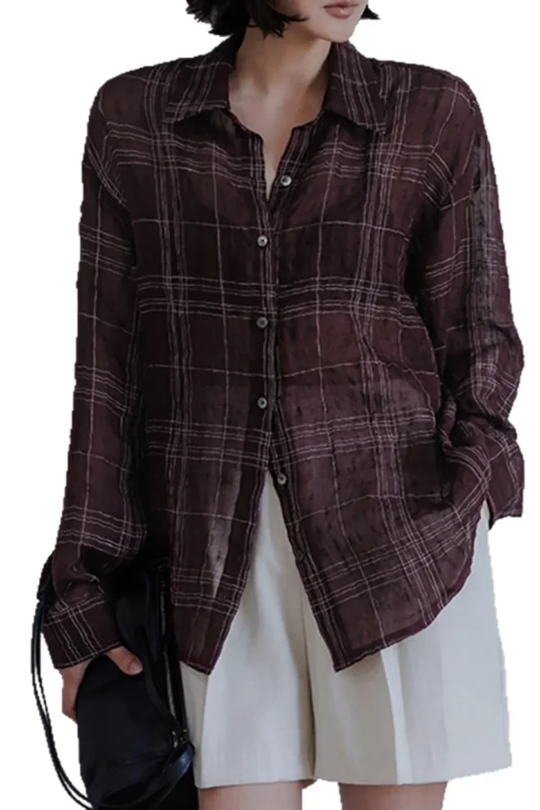 Minimalist Breathable Sheer Pure Cotton Plaid Long Sleeve Shirt