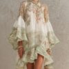 Boho Printed Ruffled Flare Sleeve Stretchy Polyester Womens Mini Dress