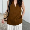 French Riviera Breathable Linen Lyocell Womens Halter V Neck Top