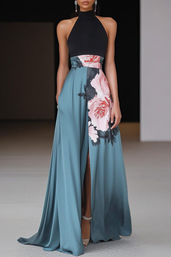 Timeless Floral Print Womens Halter Maxi Evening Dress