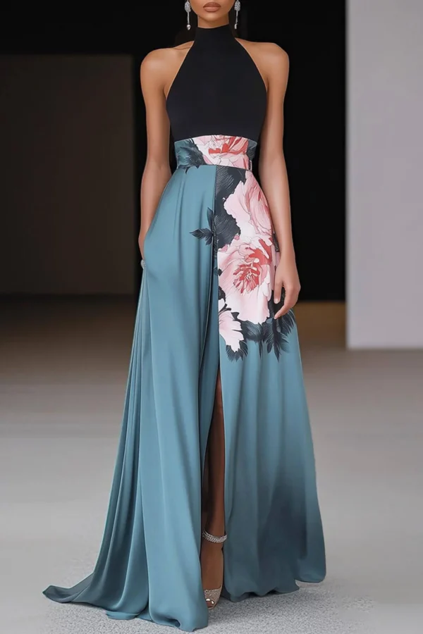 Timeless Floral Print Womens Halter Maxi Evening Dress
