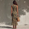Boho Ruffled Ruched Tropical Print Split Breathable Womens Maxi Dress