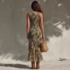 Boho Ruffled Ruched Tropical Print Split Breathable Womens Maxi Dress