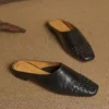 Minimalist Woven Genuine Leather Womens Square Toe Flat Mules