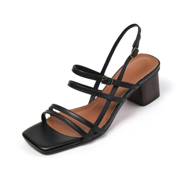 Minimalist Cowhide Womens Square Toe Buckle Block Heel Sandals