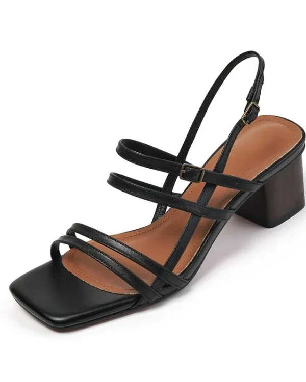 Minimalist Cowhide Womens Square Toe Buckle Block Heel Sandals