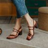 Minimalist Cowhide Womens Square Toe Buckle Block Heel Sandals
