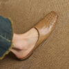 Minimalist Woven Genuine Leather Womens Square Toe Flat Mules