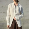 Minimalist Breathable Linen Cotton Striped Womens Stand Collar Shirt