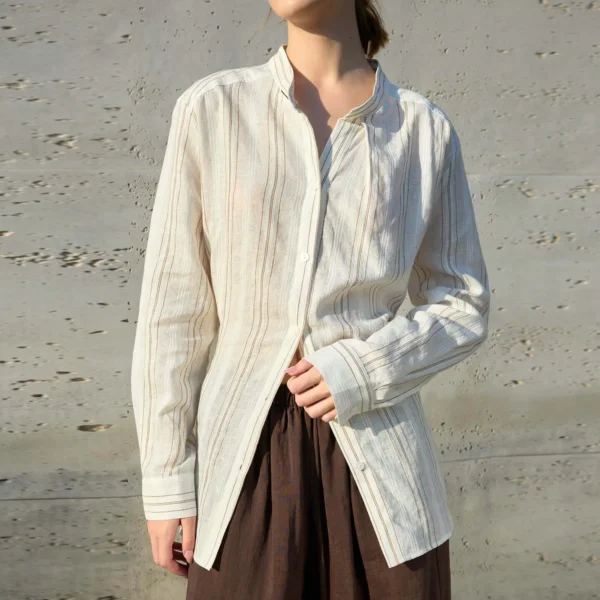 Minimalist Breathable Linen Cotton Striped Womens Stand Collar Shirt