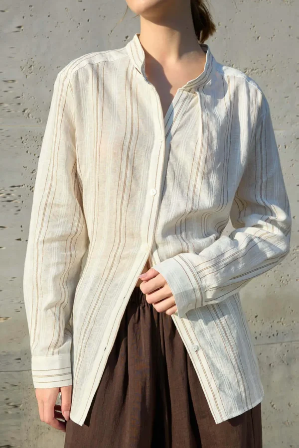 Minimalist Breathable Linen Cotton Striped Womens Stand Collar Shirt