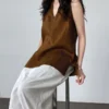 French Riviera Breathable Linen Lyocell Womens Halter V Neck Top