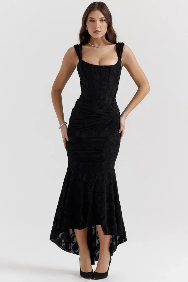 Timeless Jacquard Knit Womens Square Neck Mermaid Maxi Dress