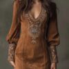 Boho Embroidery Stretch Polyester Womens Long Sleeve Mini Dress
