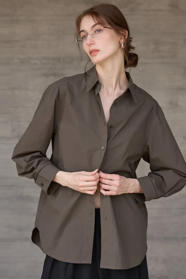 Minimalist Ladder Stitch Cotton Womens Loose Long Sleeve Shirt