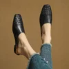 Minimalist Woven Genuine Leather Womens Square Toe Flat Mules