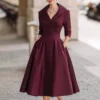 Elegant Timeless Stretch Polyester Womens Lapel High Waist Midi Dress