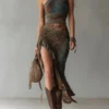 Boho Stretch Polyester Patchwork Ruffled Slit One Shoulder Maxi Dress