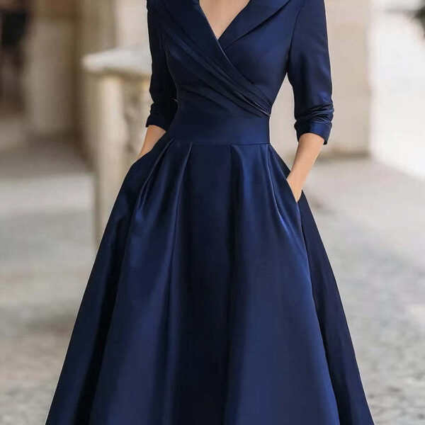 Elegant Timeless Stretch Polyester Womens Lapel High Waist Midi Dress