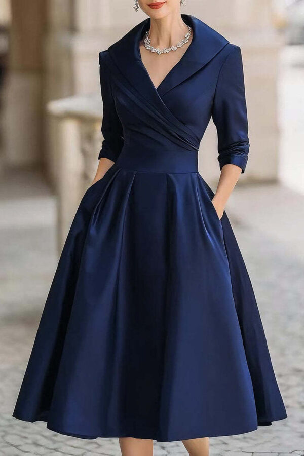 Elegant Timeless Stretch Polyester Womens Lapel High Waist Midi Dress