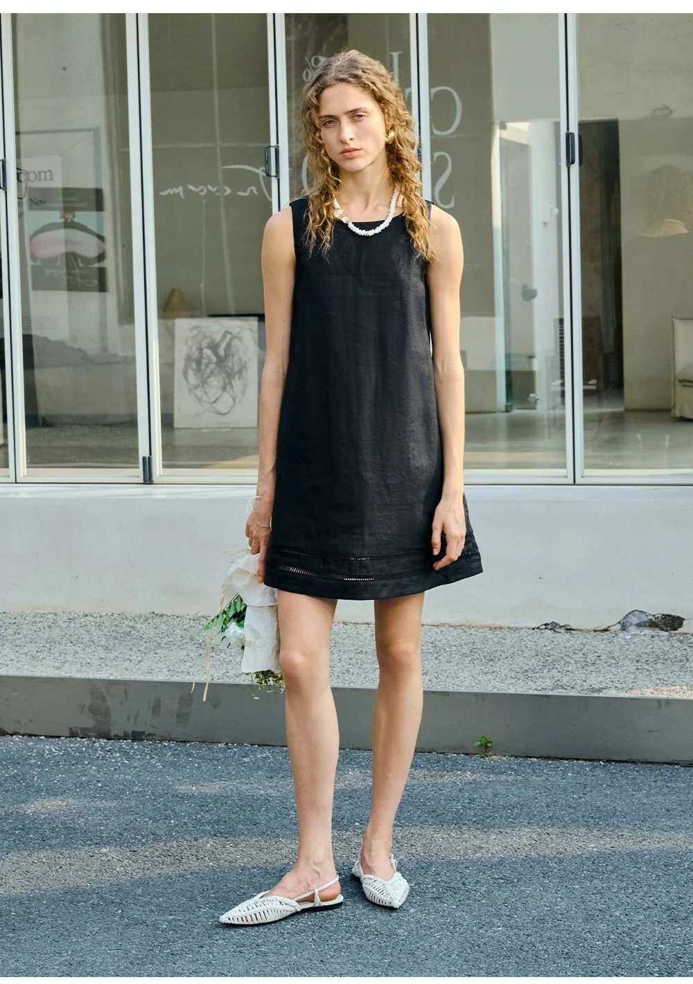 Minimalist Scalloped Edge Linen Blend Womens Sleeveless Midi Dress