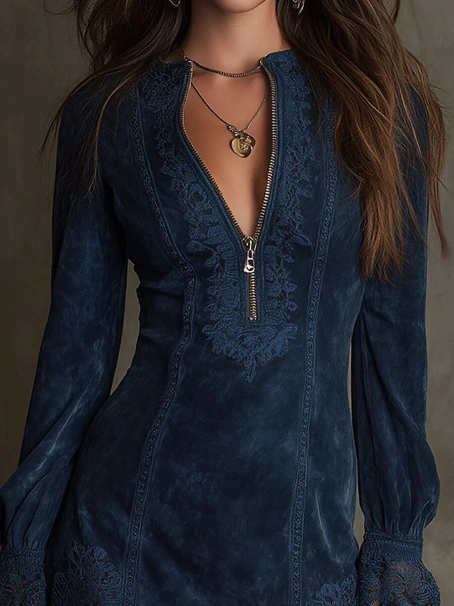 Boho Embroidered Lace Stretchy Polyester Womens Long Sleeve Mini Dress
