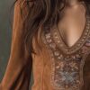 Boho Embroidery Stretch Polyester Womens Long Sleeve Mini Dress