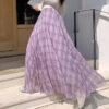 Elegant Breathable Crinkled Plaid Polyester Blend Womens Maxi Skirt