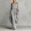 Timeless Grey Flowy Chiffon Womens Cold Shoulder Wide Leg Trouser Pants Set