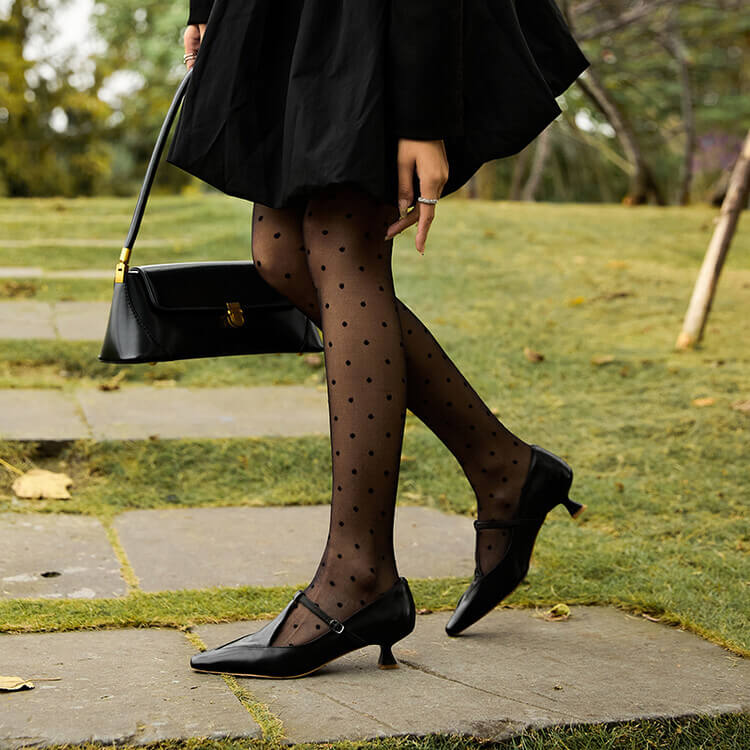 Timeless Genuine Leather Womens Pointed Toe Kitten Heel Mary Janes