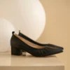 Timeless Grained Cow Leather Womens Pointed Toe Block Heel Court Shoes