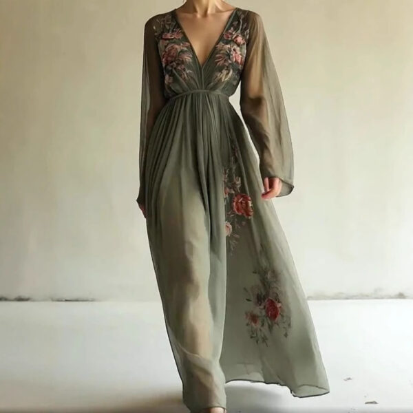 Boho 3D Floral Print Sheer Womens Long Sleeve V Neck Maxi Dress