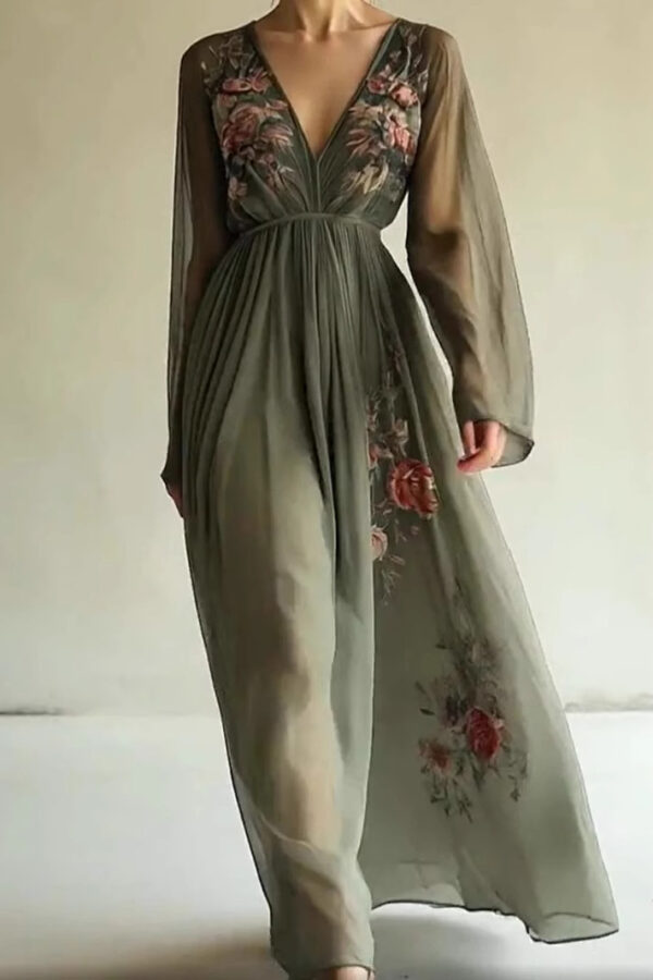 Boho 3D Floral Print Sheer Womens Long Sleeve V Neck Maxi Dress