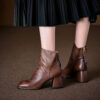 Vintage Top Grain Cowhide Womens Square Toe Block Heel Ankle Boots