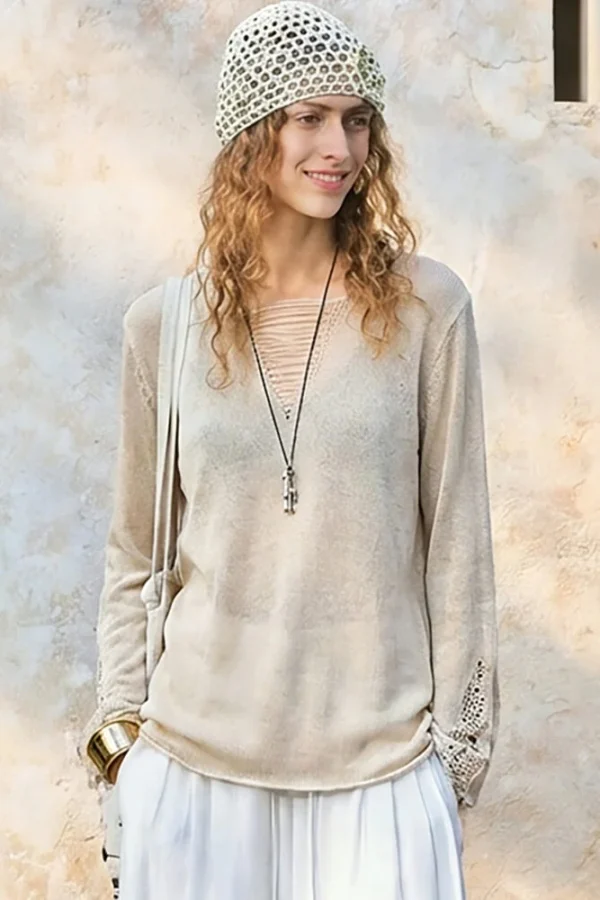Boho Cutout Breathable Linen Lyocell Blend Womens Loose Knit Top