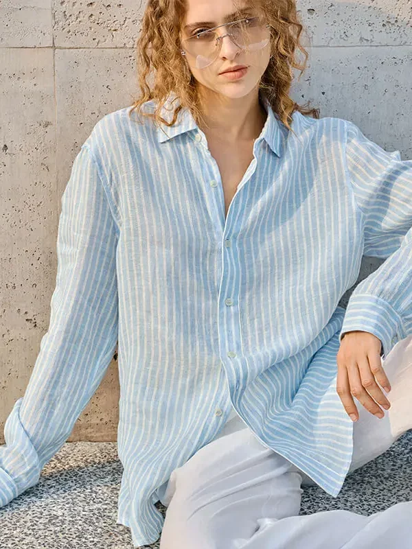 Old Money Striped Breathable Linen Womens Long Sleeve Shirt
