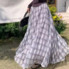 Elegant Breathable Crinkled Plaid Polyester Blend Womens Maxi Skirt