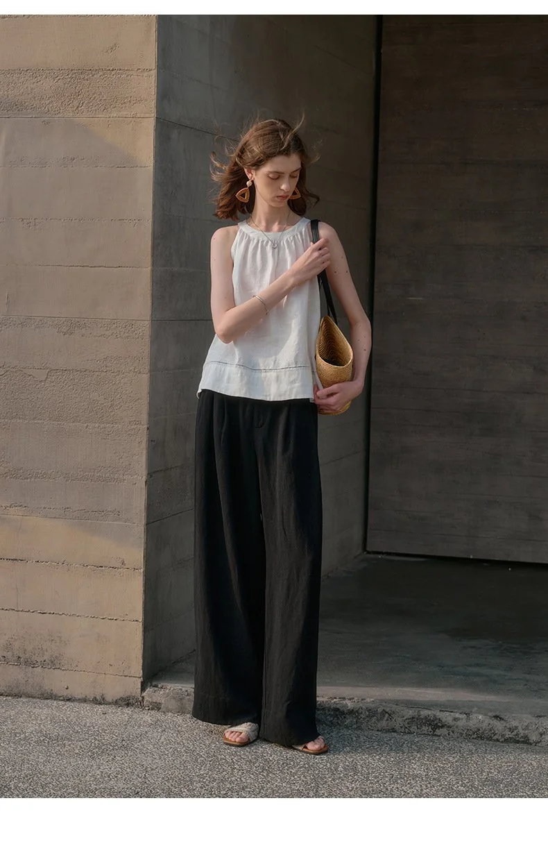 Minimalist Breathable Linen Lyocell Womens Wide Leg Trousers