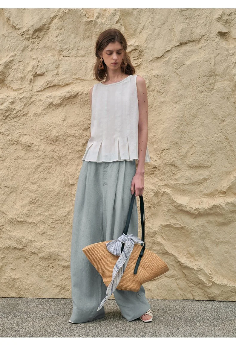 Minimalist Breathable Linen Lyocell Womens Wide Leg Trousers