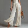 Minimalist Commuter Cream Pleated Wide Leg Womens Jumpsuit