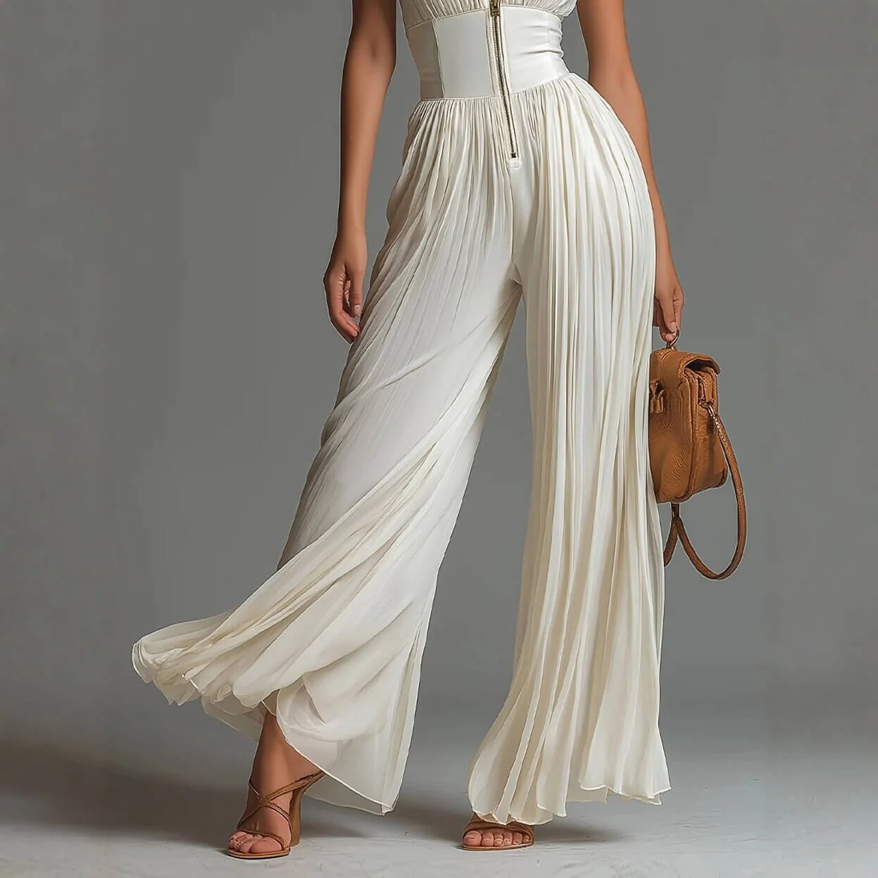 Minimalist Commuter Cream Pleated Wide Leg Womens Jumpsuit