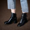 Vintage Top Grain Cowhide Womens Square Toe Block Heel Ankle Boots