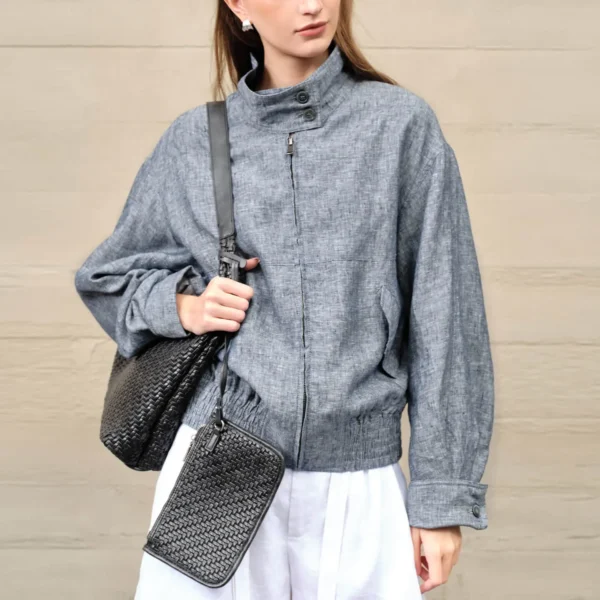 Timeless Yarn Dyed Linen Denim Blue Cropped Jacket