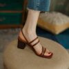 Minimalist Cowhide Womens Square Toe Buckle Block Heel Sandals