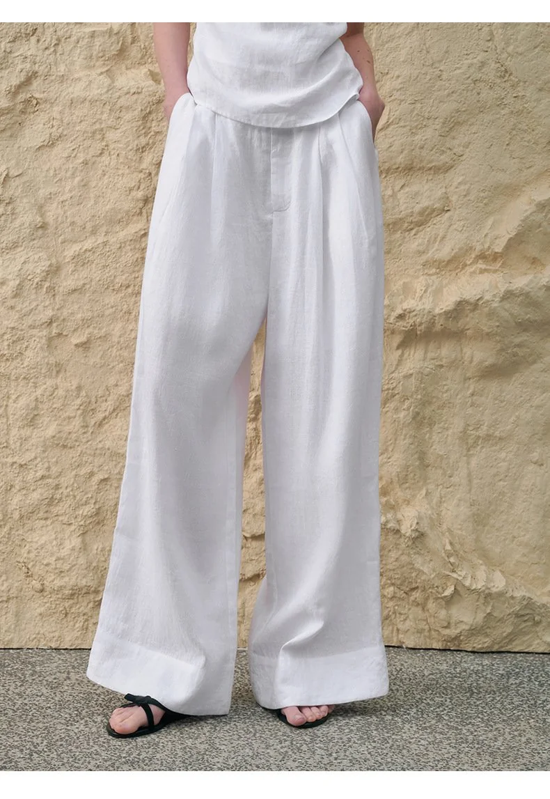 Minimalist Breathable Linen Lyocell Womens Wide Leg Trousers