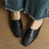 Minimalist Woven Genuine Leather Womens Square Toe Flat Mules