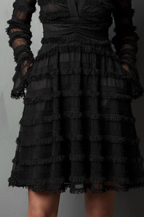 Timeless Sheer Fringed Stretchy Polyester Womens Slim Fit Midi Dress