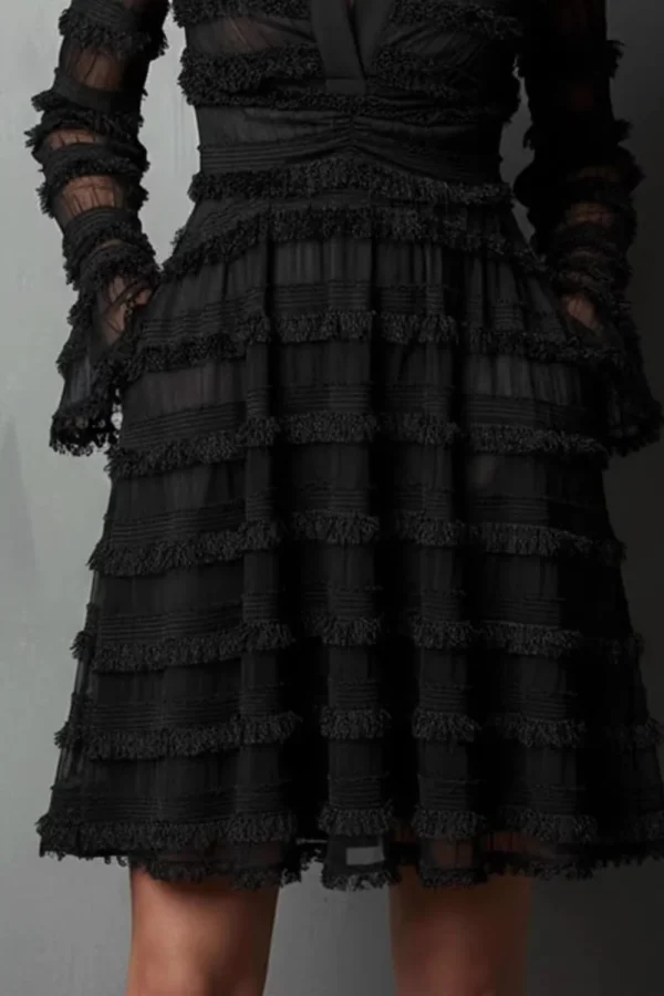 Timeless Sheer Fringed Stretchy Polyester Womens Slim Fit Midi Dress