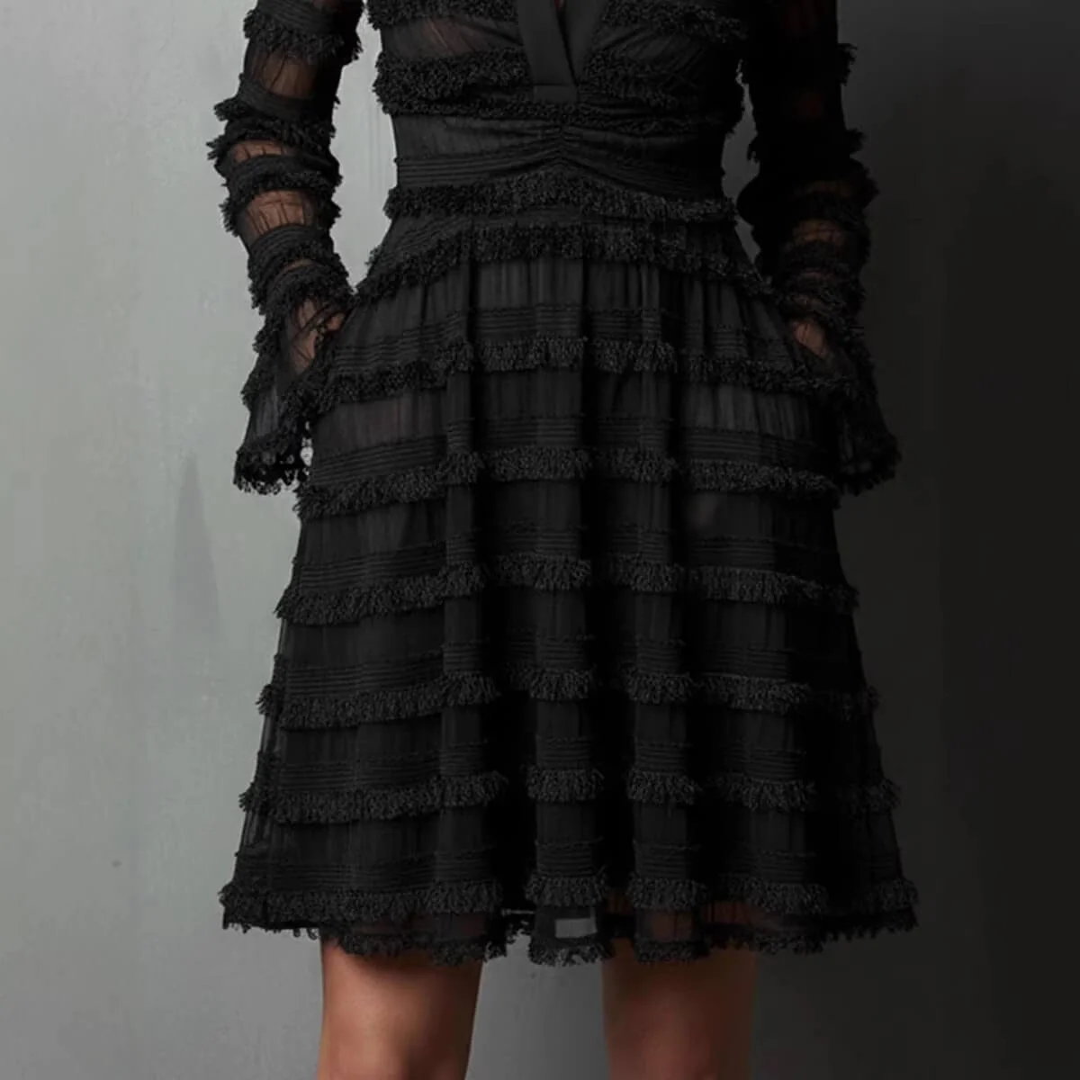 Timeless Sheer Fringed Stretchy Polyester Womens Slim Fit Midi Dress