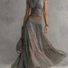 Boho Fringe Lace Shirred Womens Grey Two Piece Maxi Skirt Set